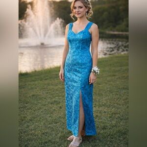 Vintage Turquoise Blue Maxi Dress Size 4 Boning Structure Retro 80 90s Prom Grad